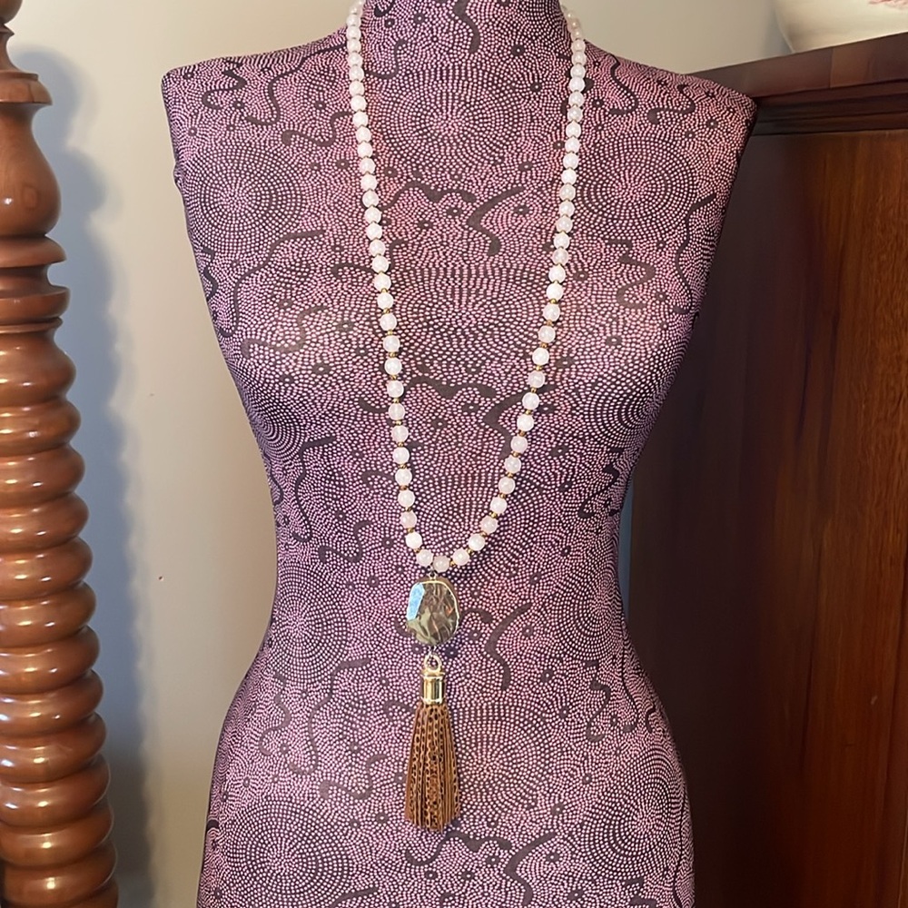 BPD Betsy Pittard Brown, Gold, Green long beaded Necklace with leather tassel